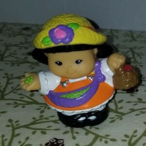 Little People Asian Farmer Girl Pink Dress Yellow Hat Brown Basket Peas In Hand